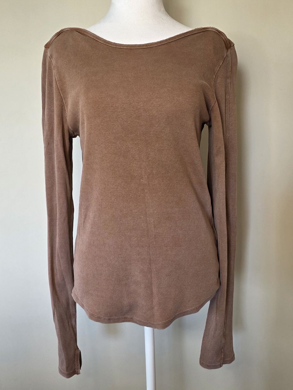 Free People We The Free Brown Ribbed Low Back Long Sleeve Top Boho Size Xl